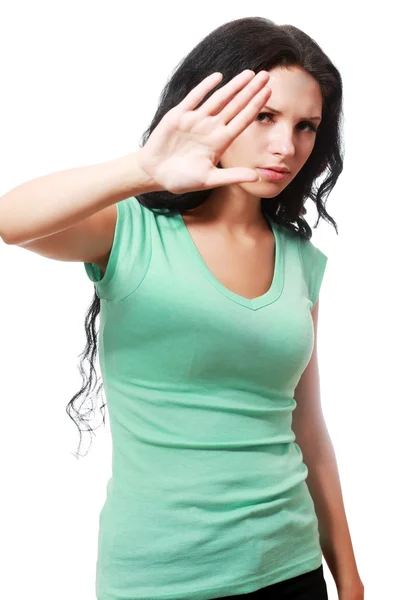 Kvinna Visa hand säga stopp — Stockfoto