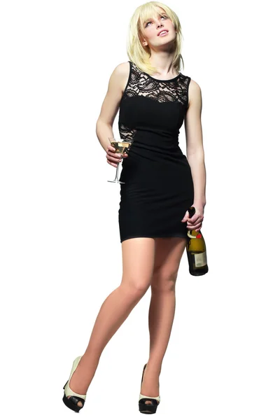 Woman holding wine bottle and glass — Stock Photo, Image