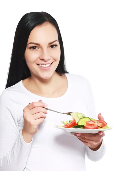 女人与饮食沙拉盘 — 图库照片