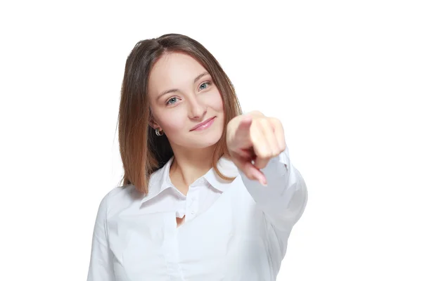 Frau zeigt mit dem Finger auf dich — Stockfoto