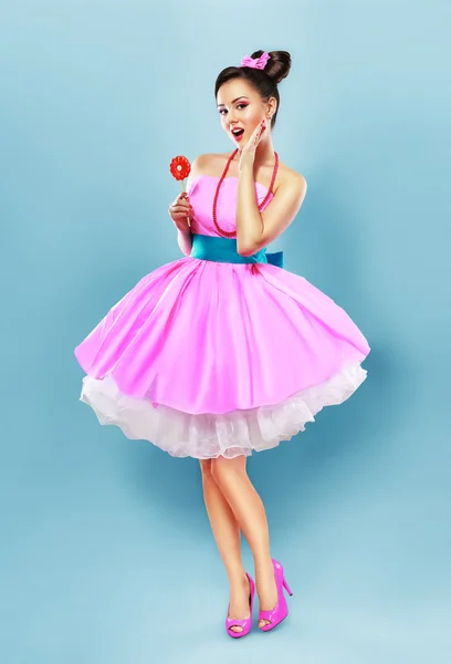 Candy girl in pink  dress — Stock Photo, Image