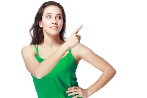 Excited woman point — Stock Photo, Image