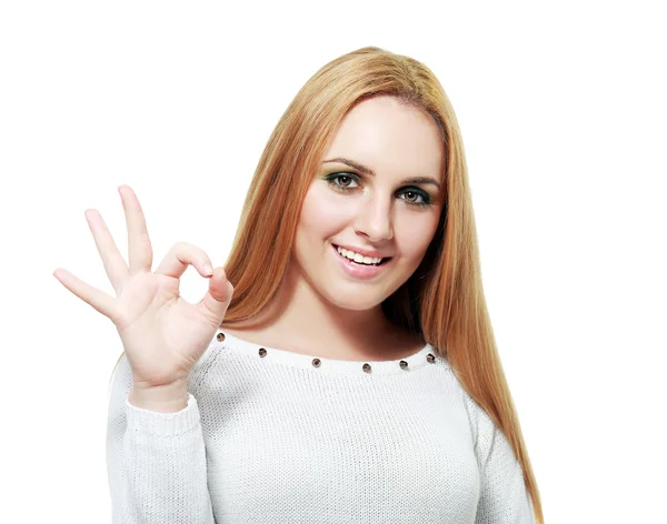 Mujer mostrando gesto bien — Foto de Stock