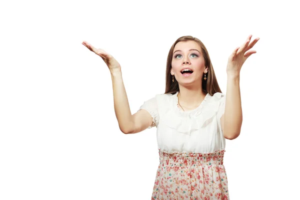 Mujer sorprendida mirando hacia arriba — Foto de Stock