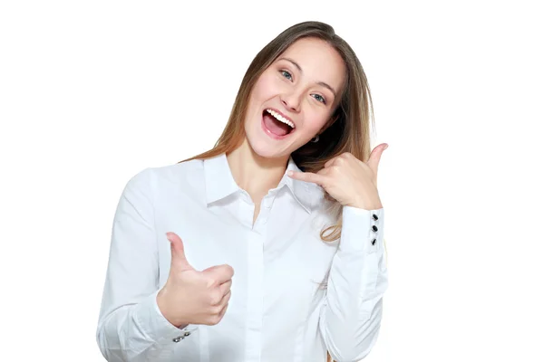 Woman show thumb up and call me — Stock Photo, Image