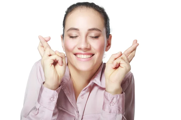 Vrouw met vingers gekruist — Stockfoto