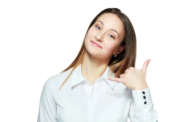 Frau zeigt ein Zeichen, rufen Sie mich an — Stockfoto