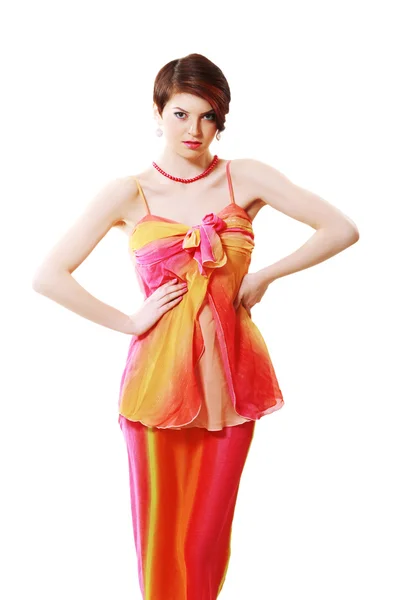 Model in orange dress — Stock Photo, Image