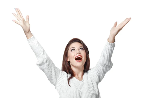 Happy woman with raised hands — Stock Photo, Image