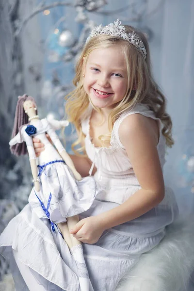 Beautiful Little Girl Dall Fariy Christmas Forest — Stock Photo, Image