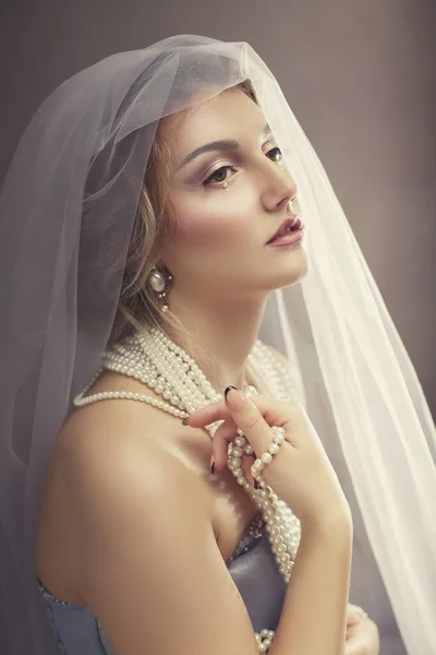 Portrait Beautiful Young Lady Veil Posing Studio Dark Background — Stock Photo, Image