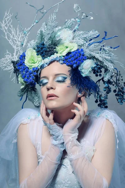 Indoor Portrait Beautiful Woman Dressing Fantasy Character Wearing Bluish Dress — Stock Photo, Image