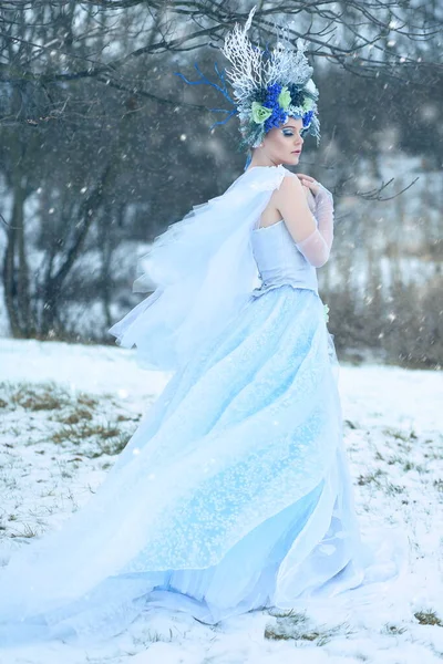 Bela Rainha Gelo Andando Floresta Inverno Usando Vestido Azulado Coroa — Fotografia de Stock