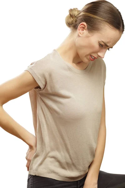Portrait Woman Having Lower Back Pain Isolated White Background — Stock Photo, Image