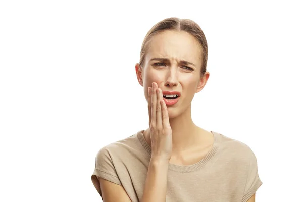 Portrait Woman Putting Hand Her Cheek Feeling Pain Isolated White — Stock Photo, Image