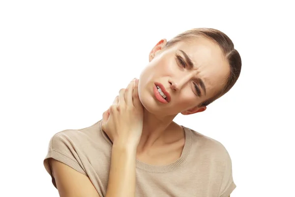 Portrait Woman Feeling Pain Her Neck Isolated White Background — Stock Photo, Image