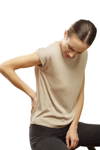 Portrait Woman Having Lower Back Pain Isolated White Background — Stock Photo, Image