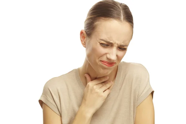 Portrait Woman Holding Her Throat Feeling Sick Isolated White Background — Stock Photo, Image