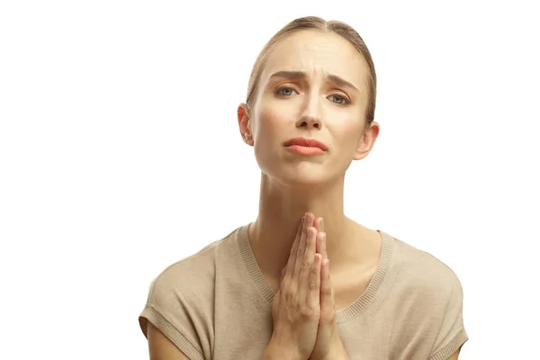 Portrait Woman Begging Help Putting Hands Together Isolated White Background — Stock Photo, Image