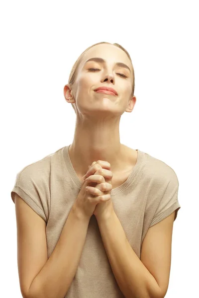 Woman Praying Pleasant Smile Her Face Isolated White Background — Stock Photo, Image