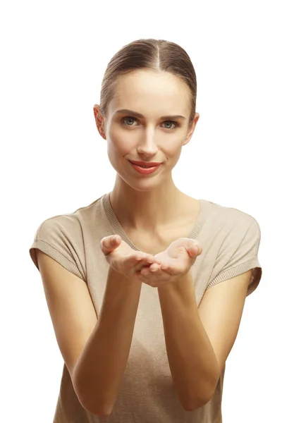 Portrait Beautiful Young Woman Pointing Hands Palms Isolated White Background — Stock Photo, Image