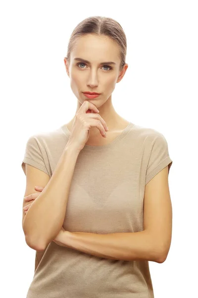 Portret Van Een Mooie Attente Vrouw Geïsoleerd Witte Achtergrond — Stockfoto