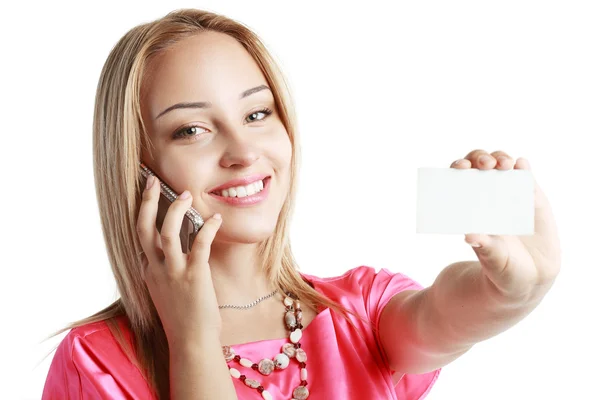 Blond kvinna håll kortet — Stockfoto