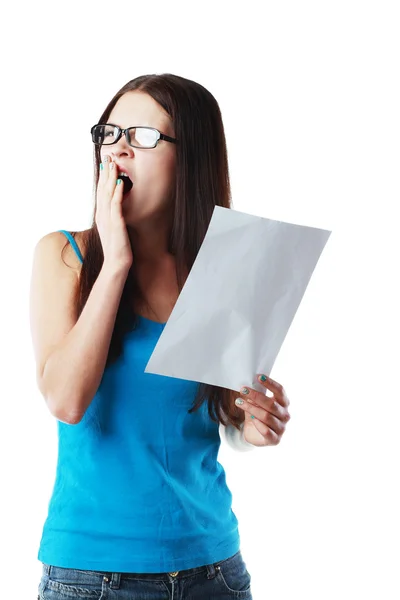 Tired woman reading the document — Stock Photo, Image