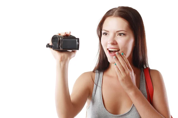 Woman looking at videocamera — Stock Photo, Image