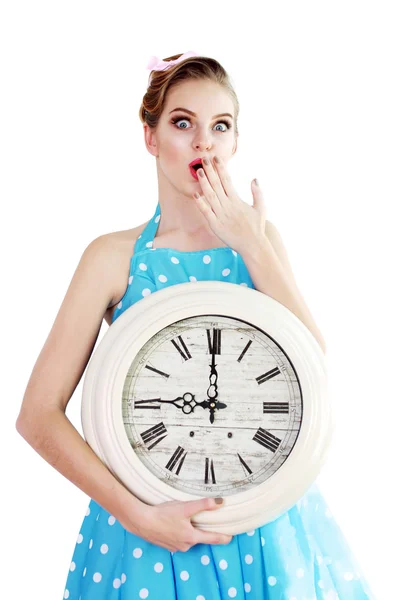 Woman holding a clock — Stock Photo, Image