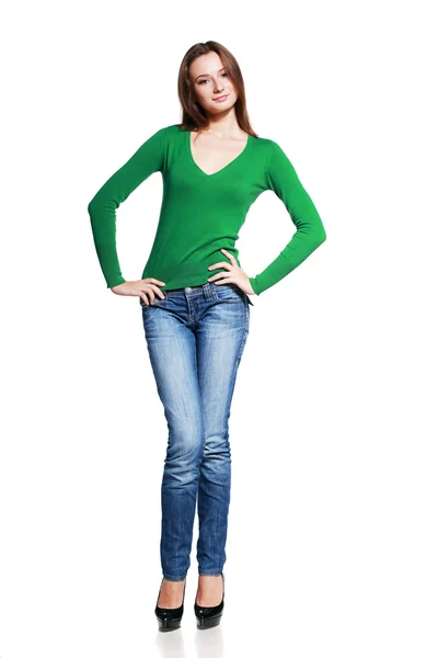 Mulher de jeans azul posando — Fotografia de Stock