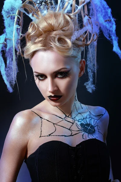 Girl with spider on web — Stock Image Girl with spider on web Stock Picture
