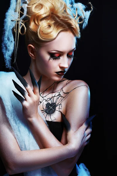 Girl with spider on web — Stock Image Girl with spider on web Stock Picture