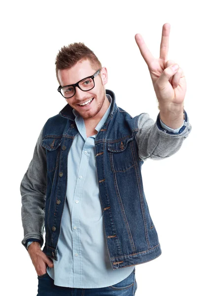 Casual man showing victory sign — Stock Photo, Image