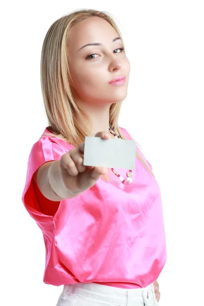 Woman holds card — Stock Photo, Image