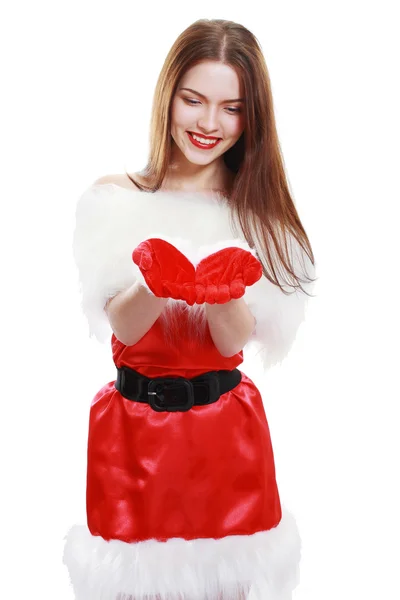 Christmas woman with her palm up — Stock Photo, Image
