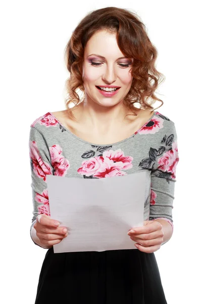 Laughing woman reading  letter — Stock Photo, Image