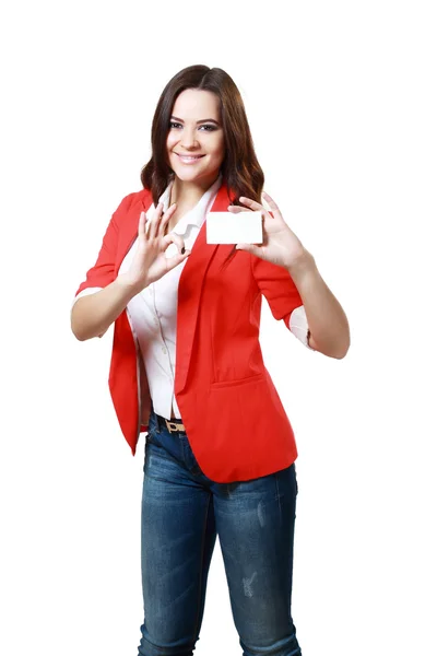 Woman holds card — Stock Photo, Image