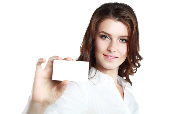 Businesswoman holding a blank card — Stock Photo, Image