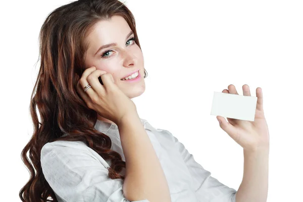 Woman hold out blank card — Stock Photo, Image