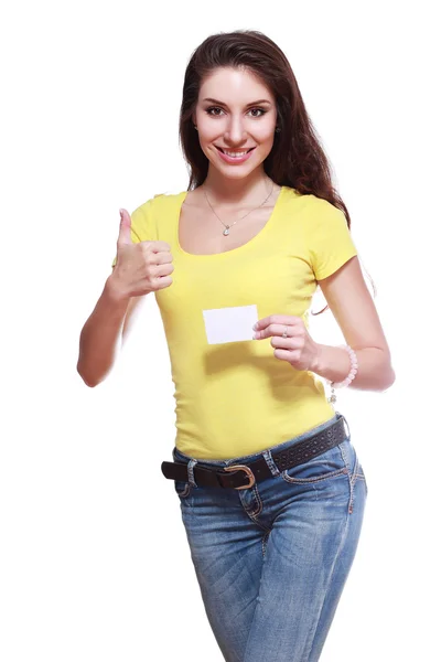 Woman holds business  card — Stock Photo, Image