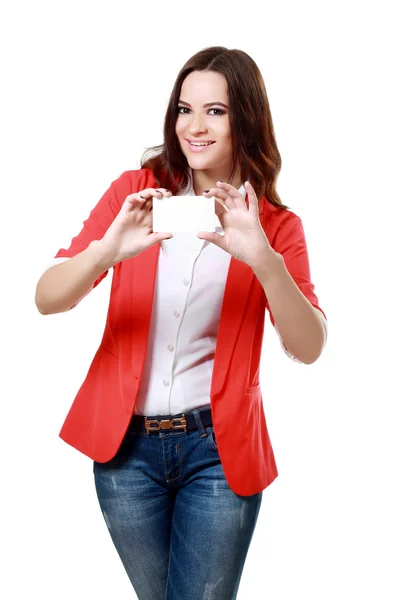 Beautiful  woman holds  card — Stock Photo, Image