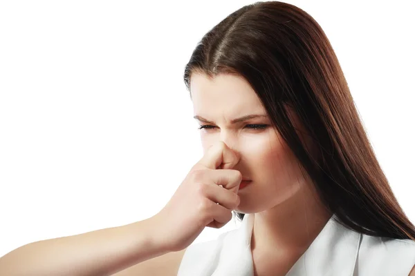 Woman pinches nose — Stock Photo, Image
