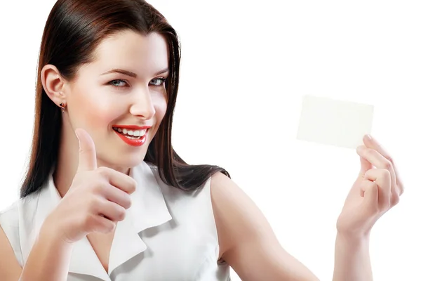 Woman holds card — Stock Photo, Image