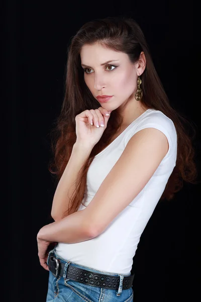 Mujer pensante, mirando hacia arriba — Foto de Stock