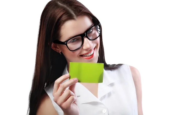 Woman holds card — Stock Photo, Image