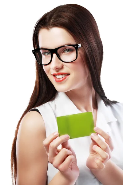 Woman holds card — Stock Photo, Image