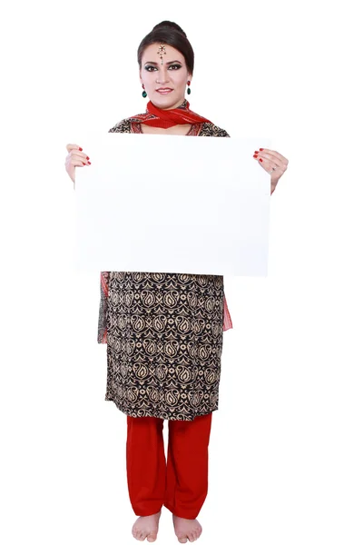 Woman holding billboard — Stock Photo, Image