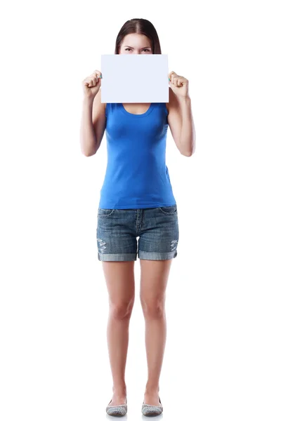 Genç kadın tutun işareti kart. — Stok fotoğraf