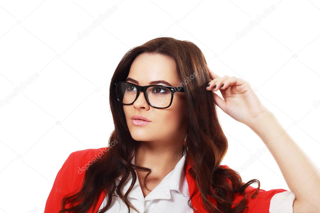 woman in glasses in red jacket
